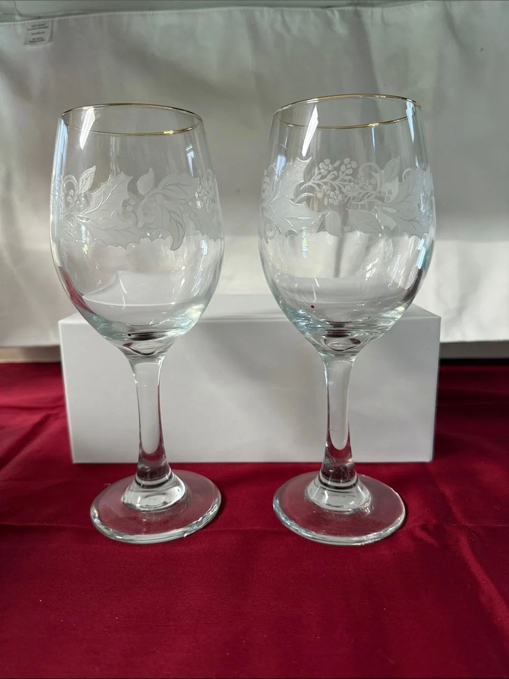 Tall Wine Glasses, Gold Trim, Frosted Leaf Pattern  Set Of 2   8.25 In. Tall